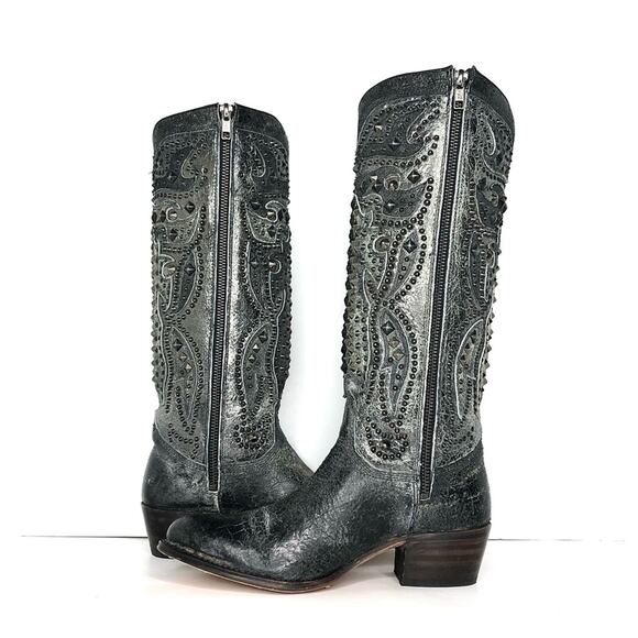 Frye Deborah Deco Tall Studded Distressed Leather Western Boots Women’s 6 Shoes - Picture 6 of 11